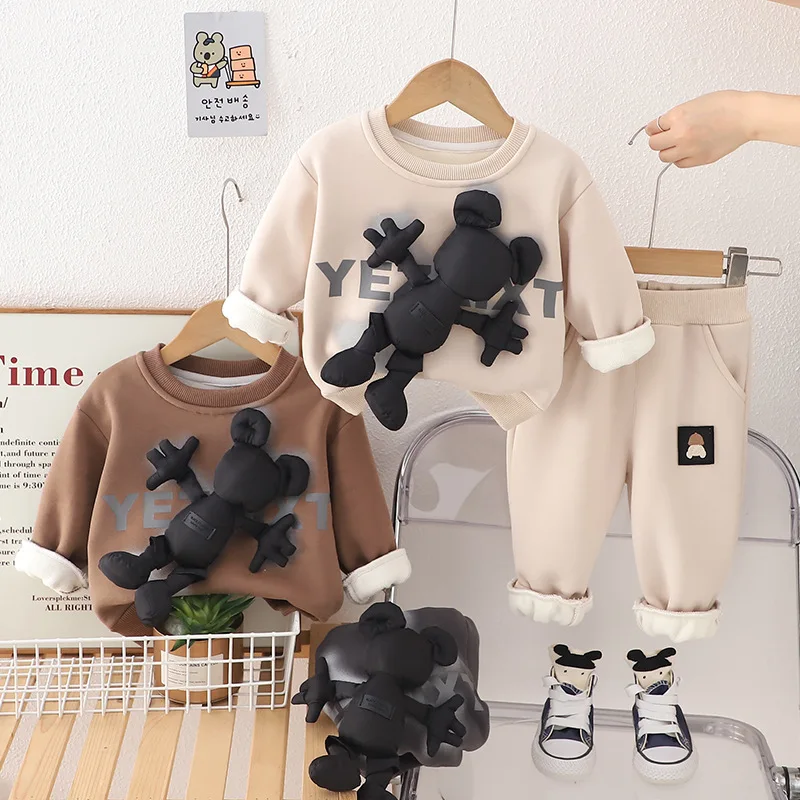 

Boys Clothes Sets Autumn Winter 2025 Children Thick Velvet Sweatshirts Pants 2pcs Cute Suit For Baby Tracksuits Kids Outfits 5Y