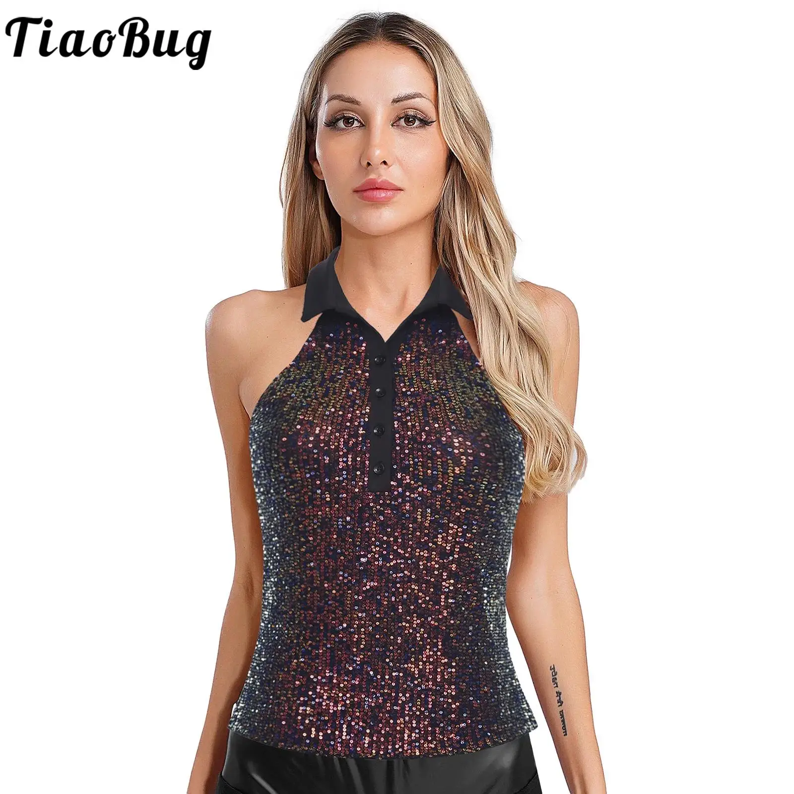 

Women Sequin Lapel V Neck Tank Top Fashion Shiny Sleeveless Vest Contrast Color Crop Top Shirts for Club Rave Dance Party