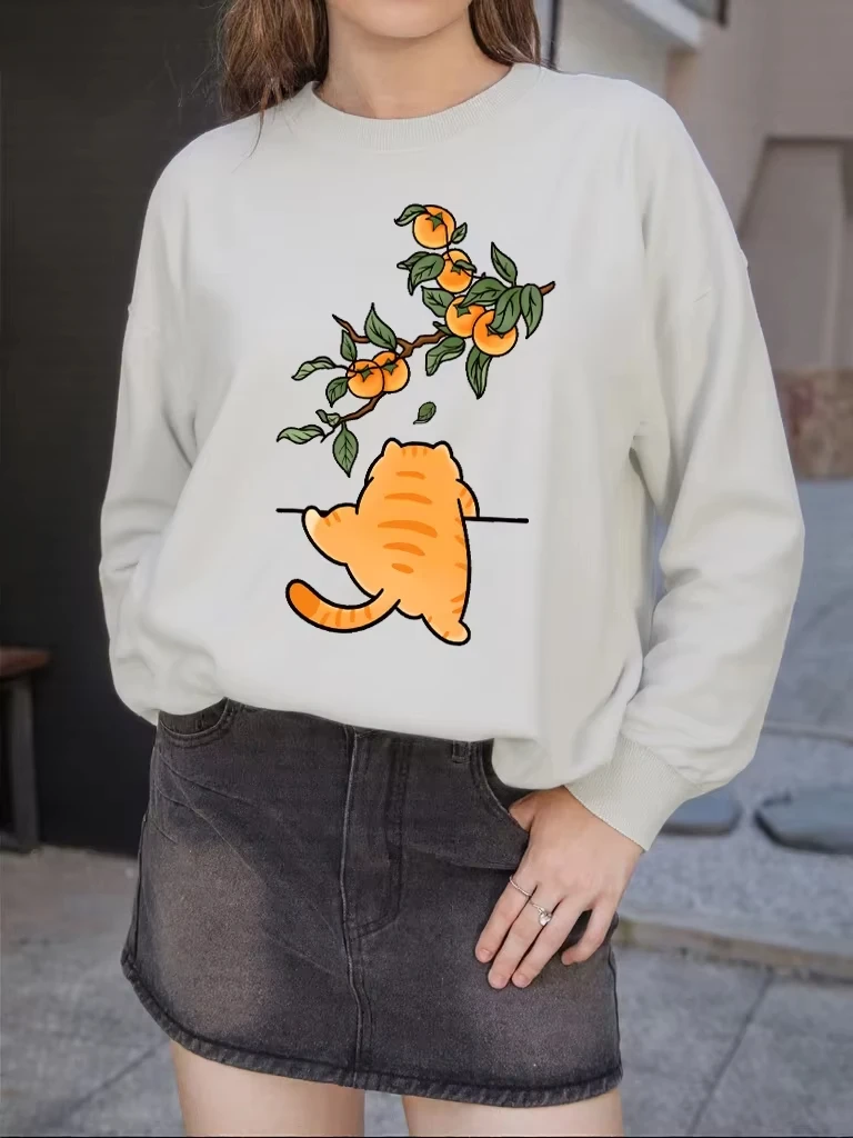 

Persimmon Cartoon Orange Cat Print Sweatshirt Women Autumn Casual Sportswear Hipster Soft Pullover All-Match Hip Hop Clothes