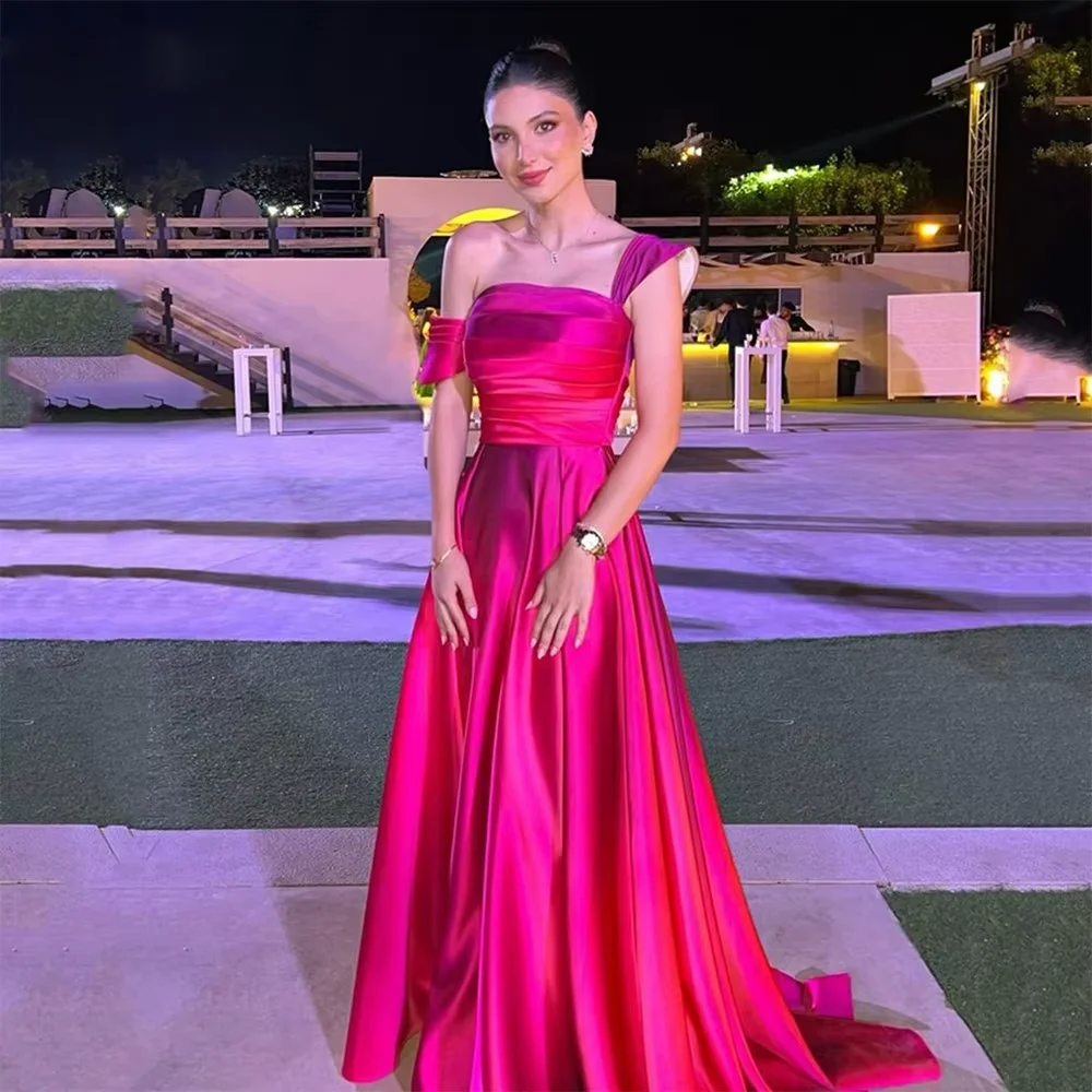 

Customized A-line Prom Dress Hot Pink Satin Sweetheart Short Sleeve Graduation Gown Backless Floor Length Party Dress for Women