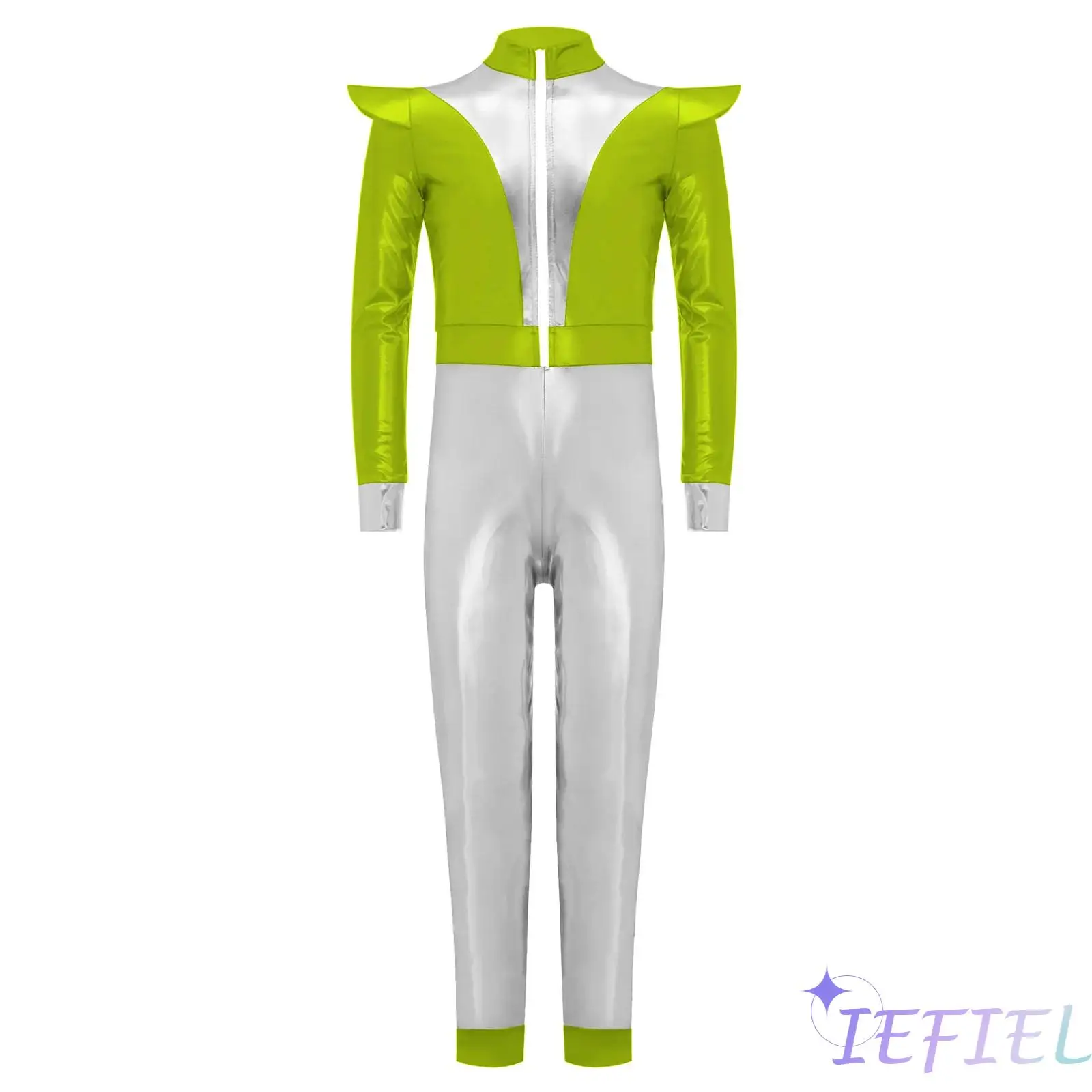 

Halloween Kids Girls Alien Costume Long Sleeves Front Zip Long Bodysuit Shiny Metallic Outer Space Cutie Costume Robot Costume
