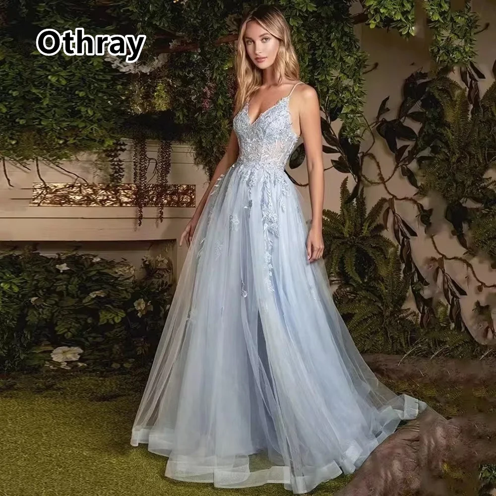 

Othray Sky Blue Lace Prom Dresses Applique A Line Spaghetti Straples Girl Party Evening Gowns Slit Front 2025 Homecoming