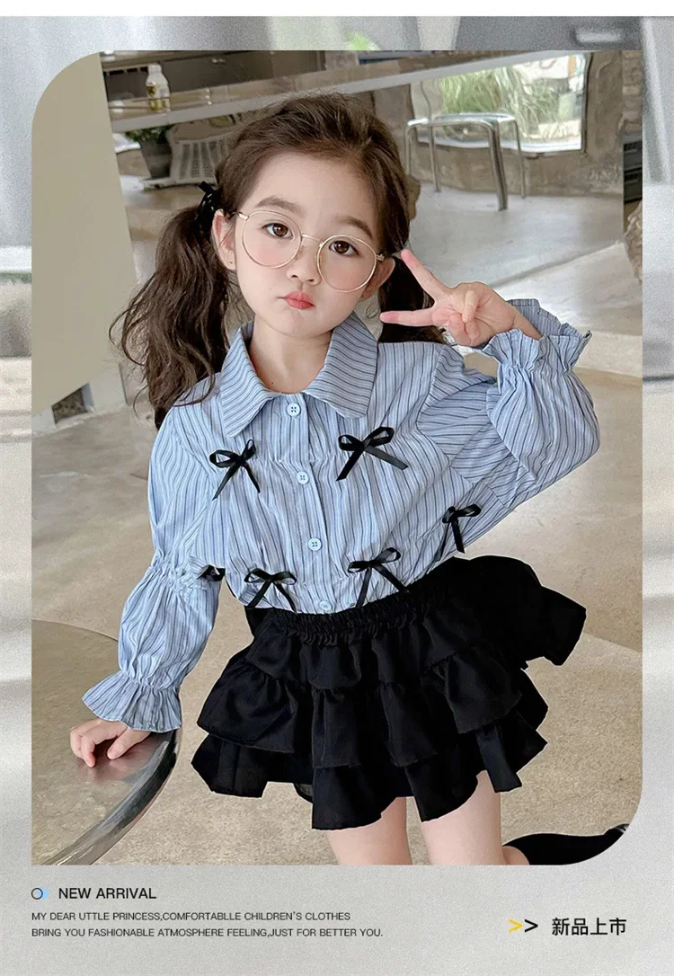 Girls Autumn Dress Set Children Korean Version Children Dress Western Style Striped Shirt Girl Baby Cake Skirt Two-piece Set