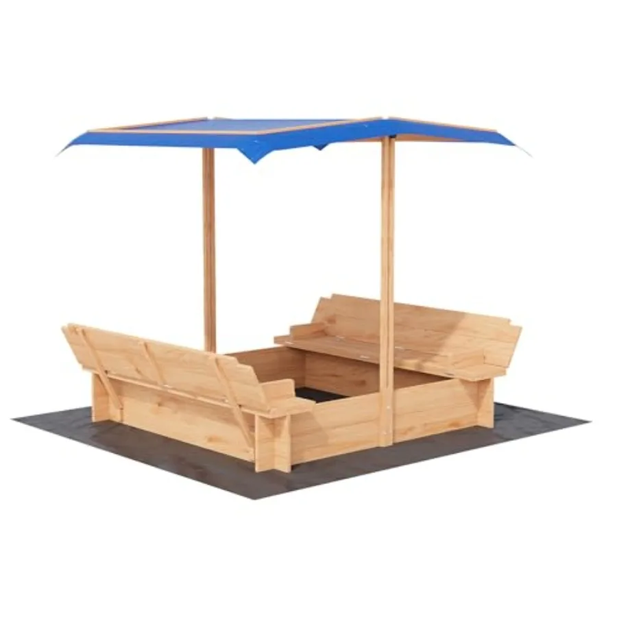 

Outdoor wood sandbox with lid and adjustable canopy for kids 3-8, natural finish, spacious play area with foldable bench seats