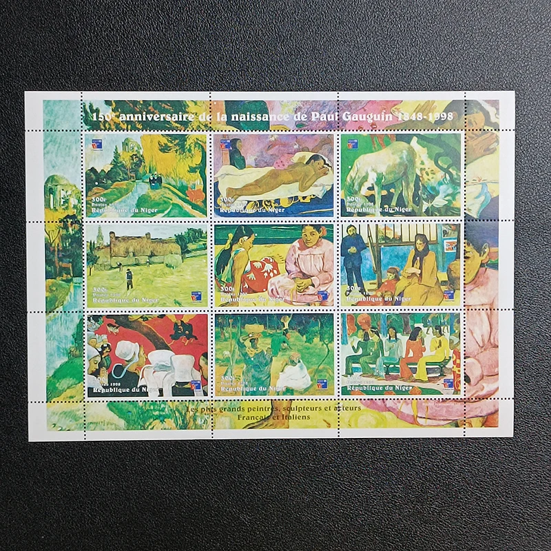 Niger post selos postal y1998 pintor gauguin pinturas filatélico 1 folha 9 selos postais colecionáveis material scarpbooking