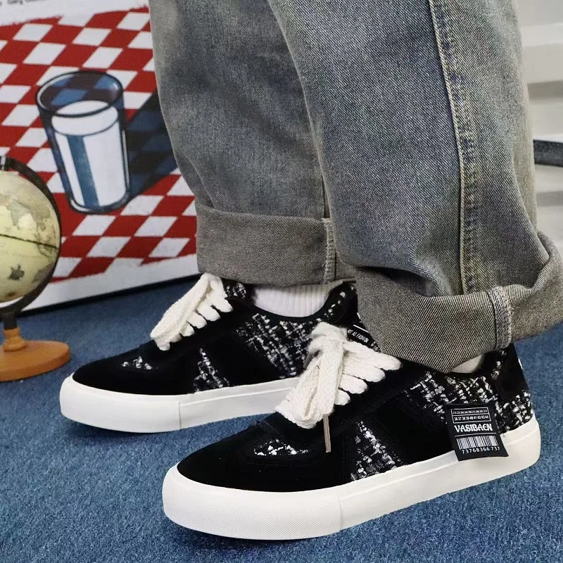 

Высококачественные мужские повседневные спортивные кроссовки с толстой подошвой, парные кеды из канваса на шнуровке, черно-белые, для женщин.