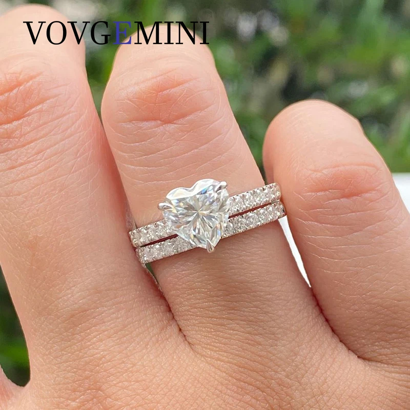 VOVGEMINI Real Moissanite Ring Sets With Certificate Real 14k White Gold 2carat 8mm Brilliant Heart Cut And Half Eternity Band