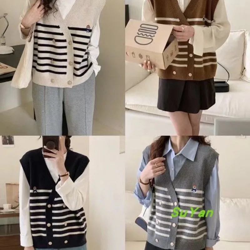 V-neck double breasted heavy work embroidery sweater vest spring and autumn stacked color matching striped vest cardigan female