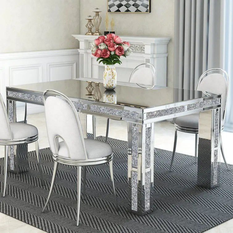 High Quality Modern Luxury Style Mirrored Glass Dining Table with 4 Legs and Crushed Diamond