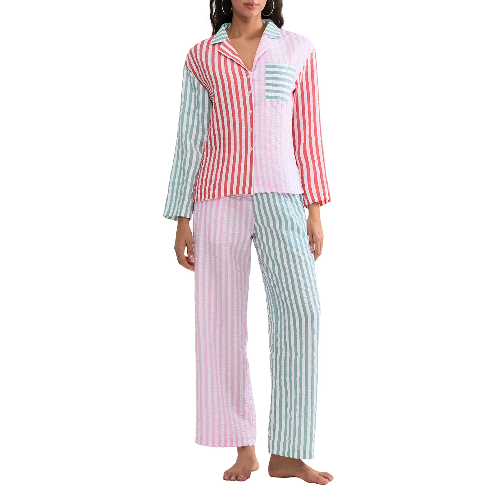 Women's 2 Piece Pajama Set Long Sleeve Lapel Button Up Striped Shirt Pants Sleepwear Sets