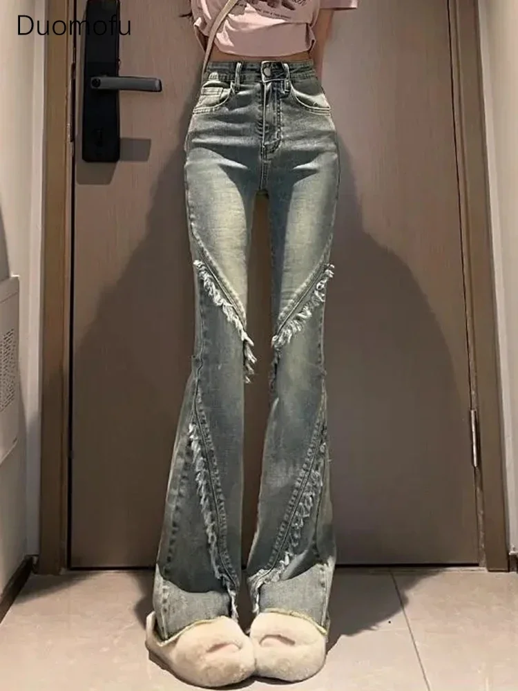 

Duomofu Classic Tassels Chic Flare Loose Straight Female Jeans Spring New Basic High Waist Slim Fashion Full Length Women Jeans
