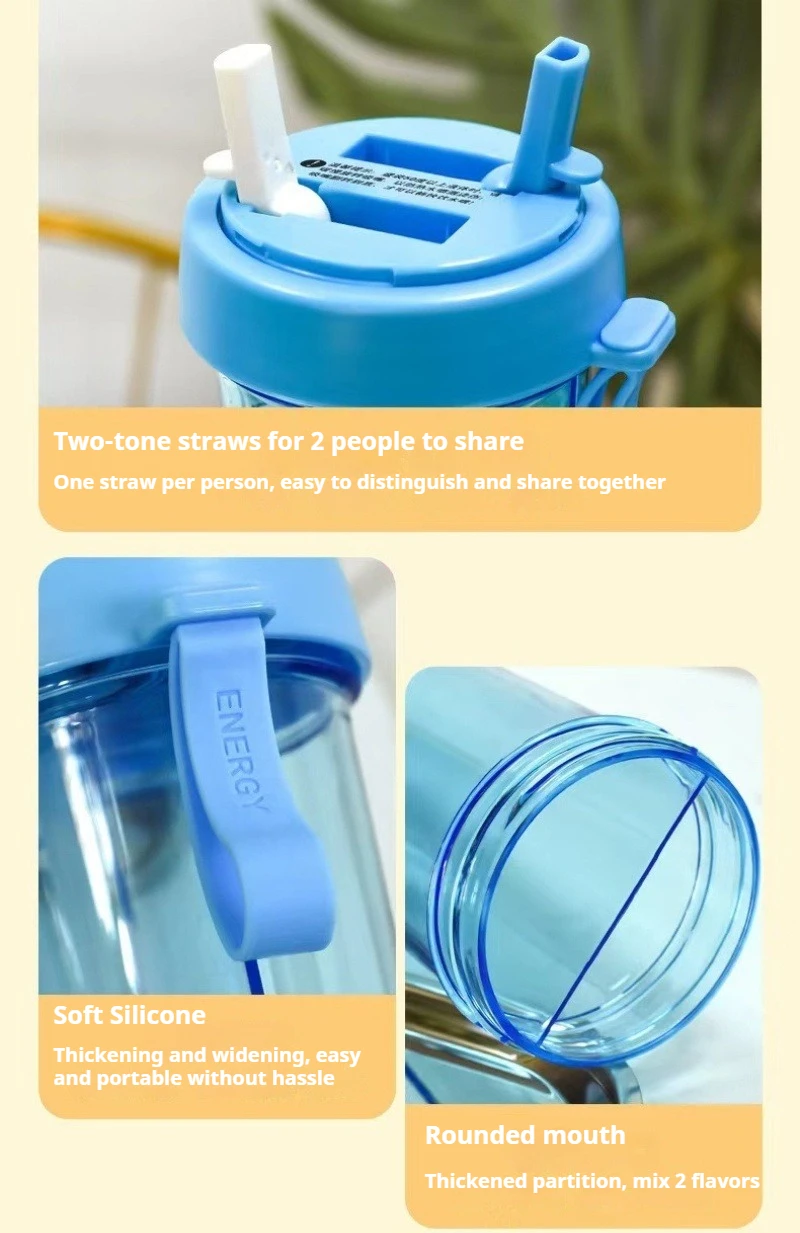 زجاجة شرب مزدوجة الجدار سعة 600 مل، كوب لطيف للفتيات والطالبات في الهواء الطلق مع مقبض شفاطات مزدوجة، زجاجة مياه بلاستيكية محمولة