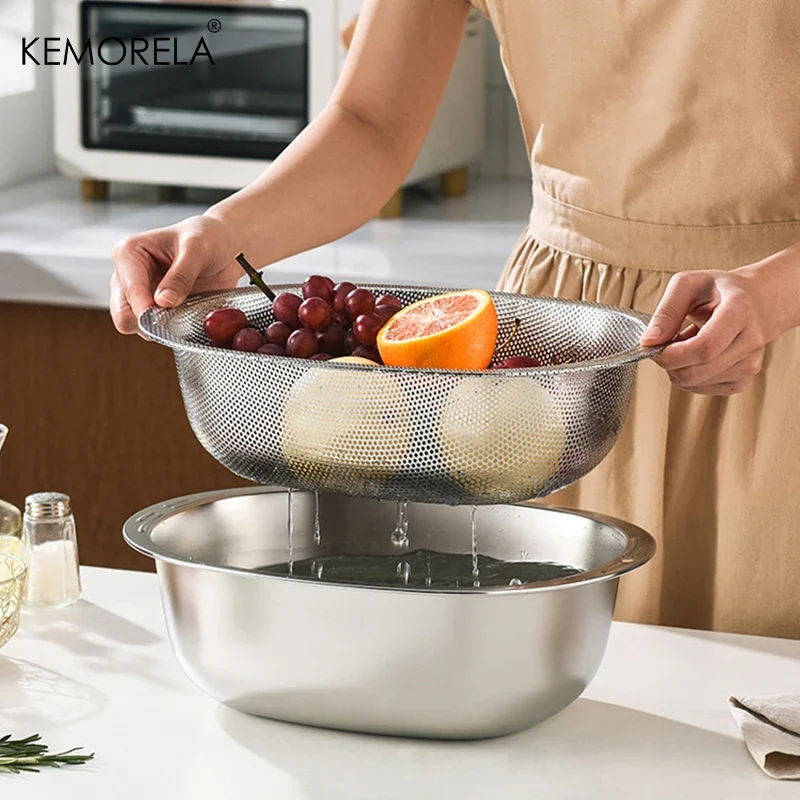 2 in 1 Stainless Steel Rice Washing Basin With Drain Net Oval Shape 304 Vegetable Washing Basin Kitchen Home Fruit Drain Basket