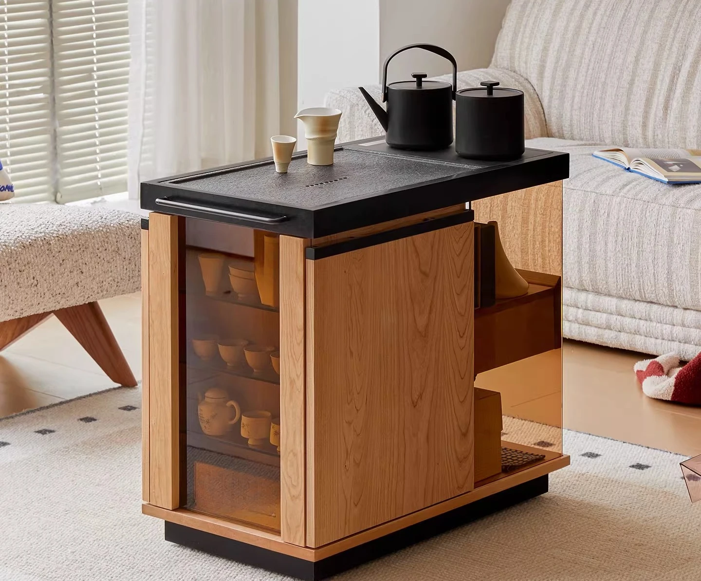 Cherry wood trolley storage side cabinet small apartment movable all solid wood tea table