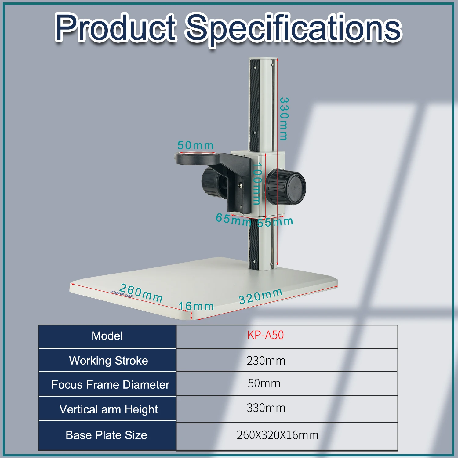 KOPPACE Microscope Vertical arm Bracket Lens Aperture 50mm Focusing Stroke 230mm