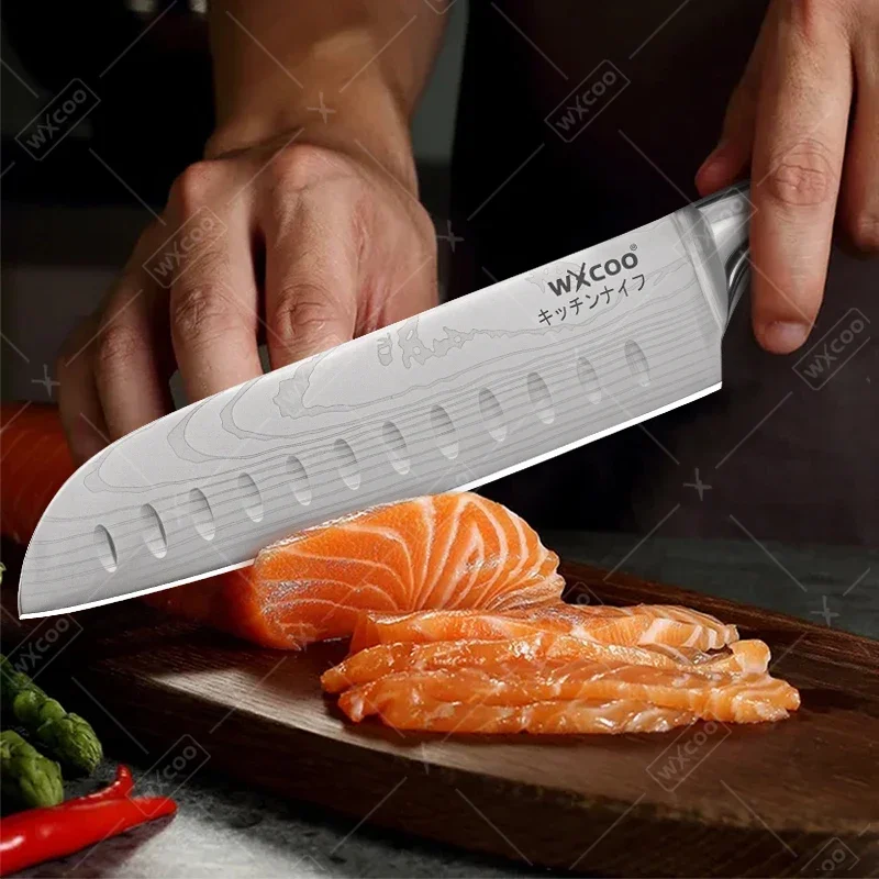 WXCOO Damascus Steel Kitchen Knife Japanese Santoku Razor-Sharp Blade Wooden Handle Cooking Cutter Tools Sushi Meat Cleaver