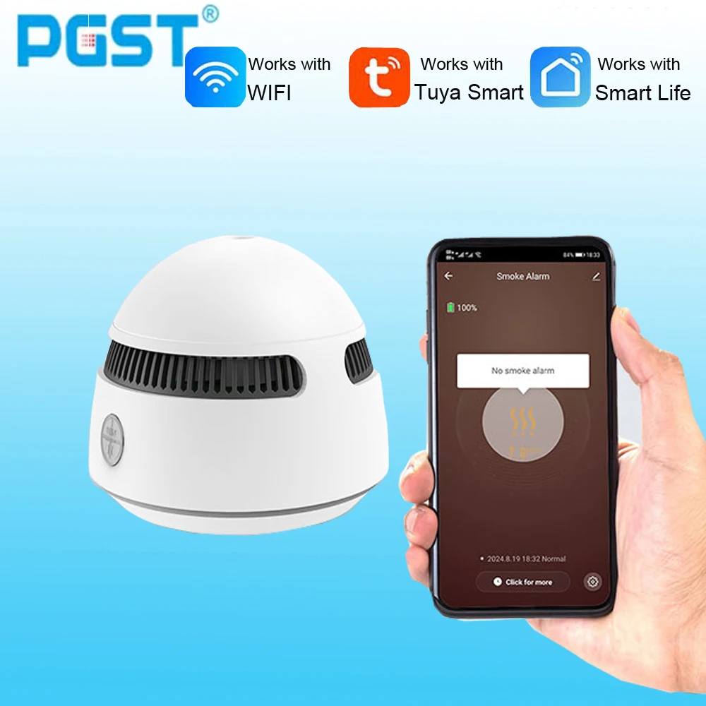 PGST TUYA WiFi 煙探知機、火災警報セキュリティ煙センサー、スマートホームセキュリティ警報、モバイル APP 表示