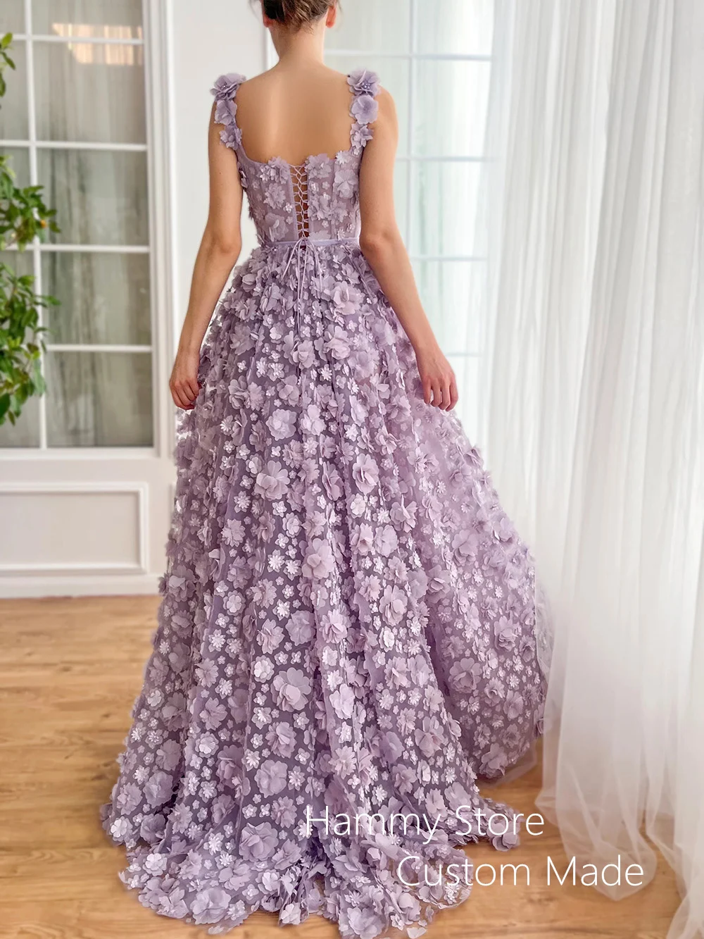 Lilac Lace Evening Dress Sexy Square Neck Sleeveless Flowers Pearls High Slit Prom Gown Customized Graduation Party Dresses