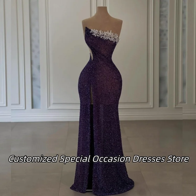 

Темно-фиолетовые вечерние платья без бретелек по индивидуальному заказу, изысканные аппликации из бисера, длинные свадебные платья с высоким разрезом, Vestido De Festa