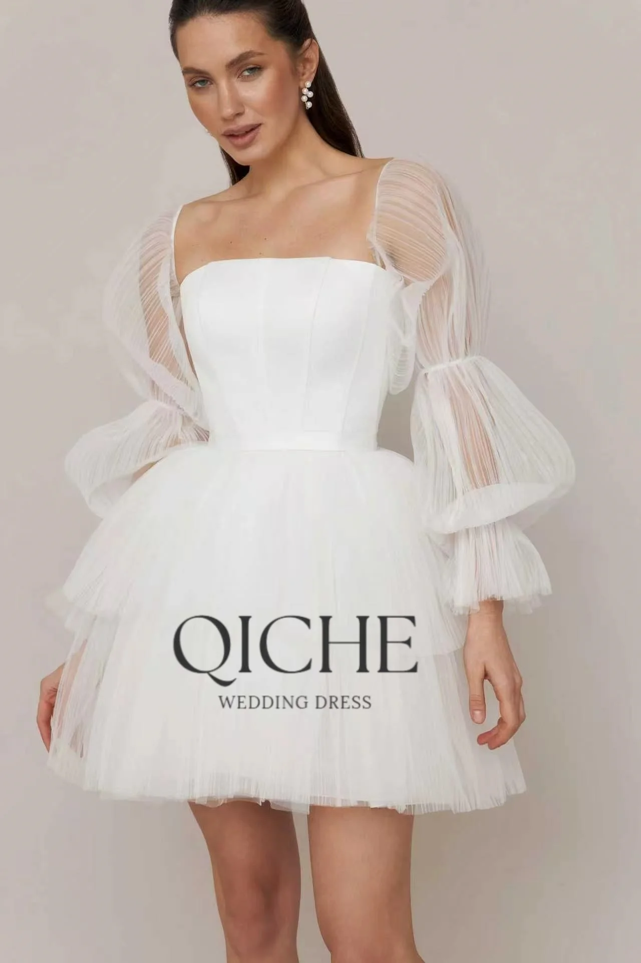 QICHE  Short Simple Tulle Bow Elegant Wedding Dress Princess Off Shoulder Layered Lace-up свадебное платье Mini Gowns Customized