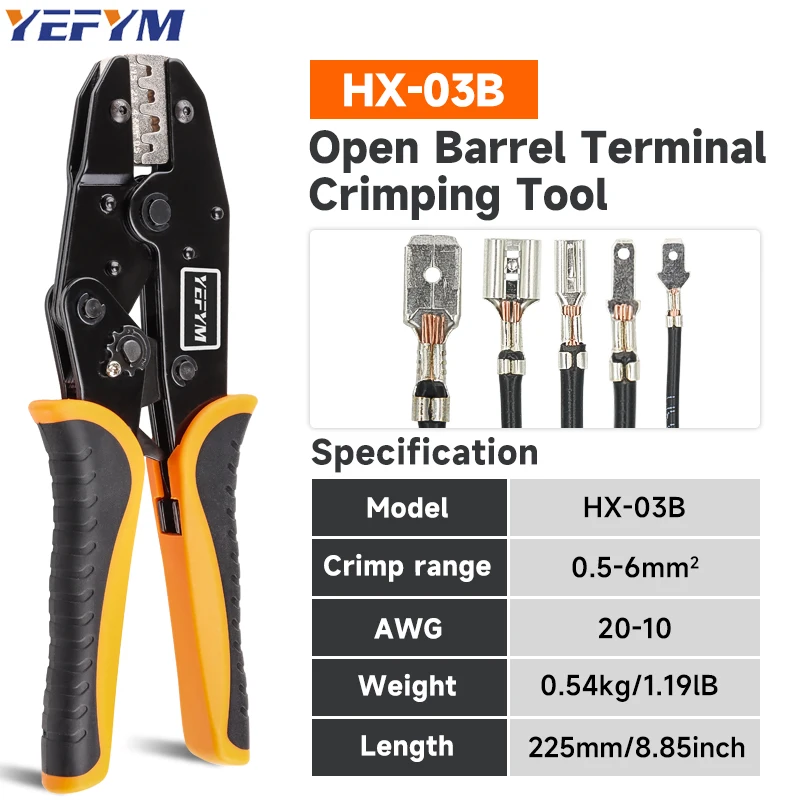 Nou-Insulated Open Barrel Terminals Crimping Tools HX-03B Ratcheting Crimpers Pliers AWG 20-10 (0.5-6mm²) For 2.8/4.8/6.3