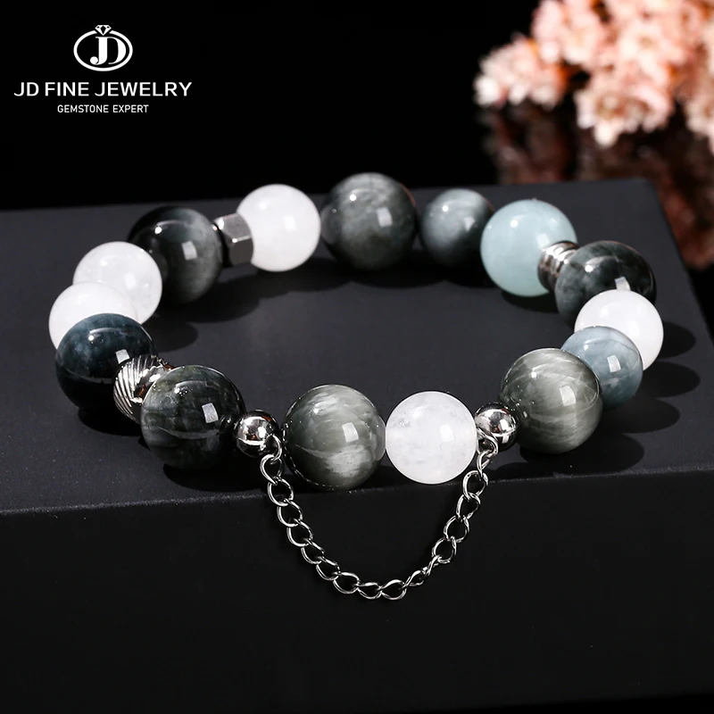 JD Natural Eagle Eye Stone White Jade Stainless Steel Bracelet Women Men Vintage Personality Combined Bead Birthday Party Gifts