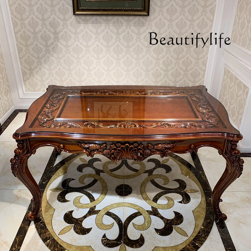 Stół i krzesła z litego drewna w stylu europejskim, salon, luksusowy kwadratowy stół do domu w willi, francuski szklany stół do jadalni