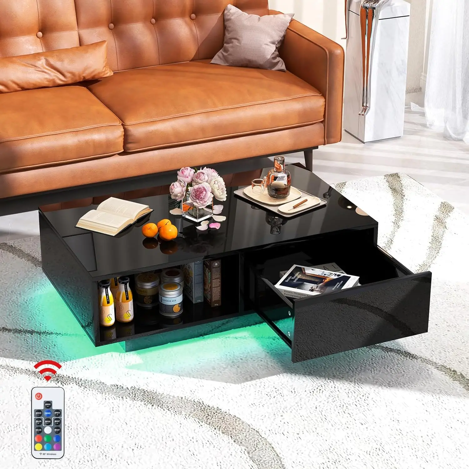 Couchtisch mit LED-Lighting, Kaffeetisch mit offenem Ablage & Schublade, Sofa Table mit Fernbedienung, Wohnzimmer, Gesellscha