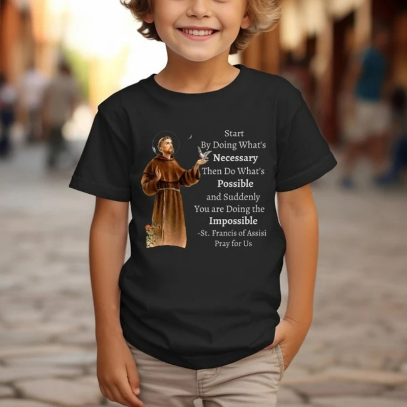 

St Francis of Assisi Youth Children's Catholic Kid's Saint Quote Shirt First Communion Gift Animal Saint Top Catholic Tee