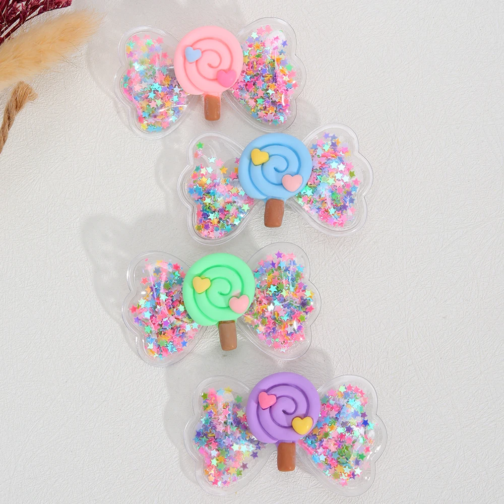 4 Pieces Girls Lollipop Bowknot Hair Clips Decorative Star Filled PVC Multicolor Hair Barrettes Cute Kids Hair Accessories