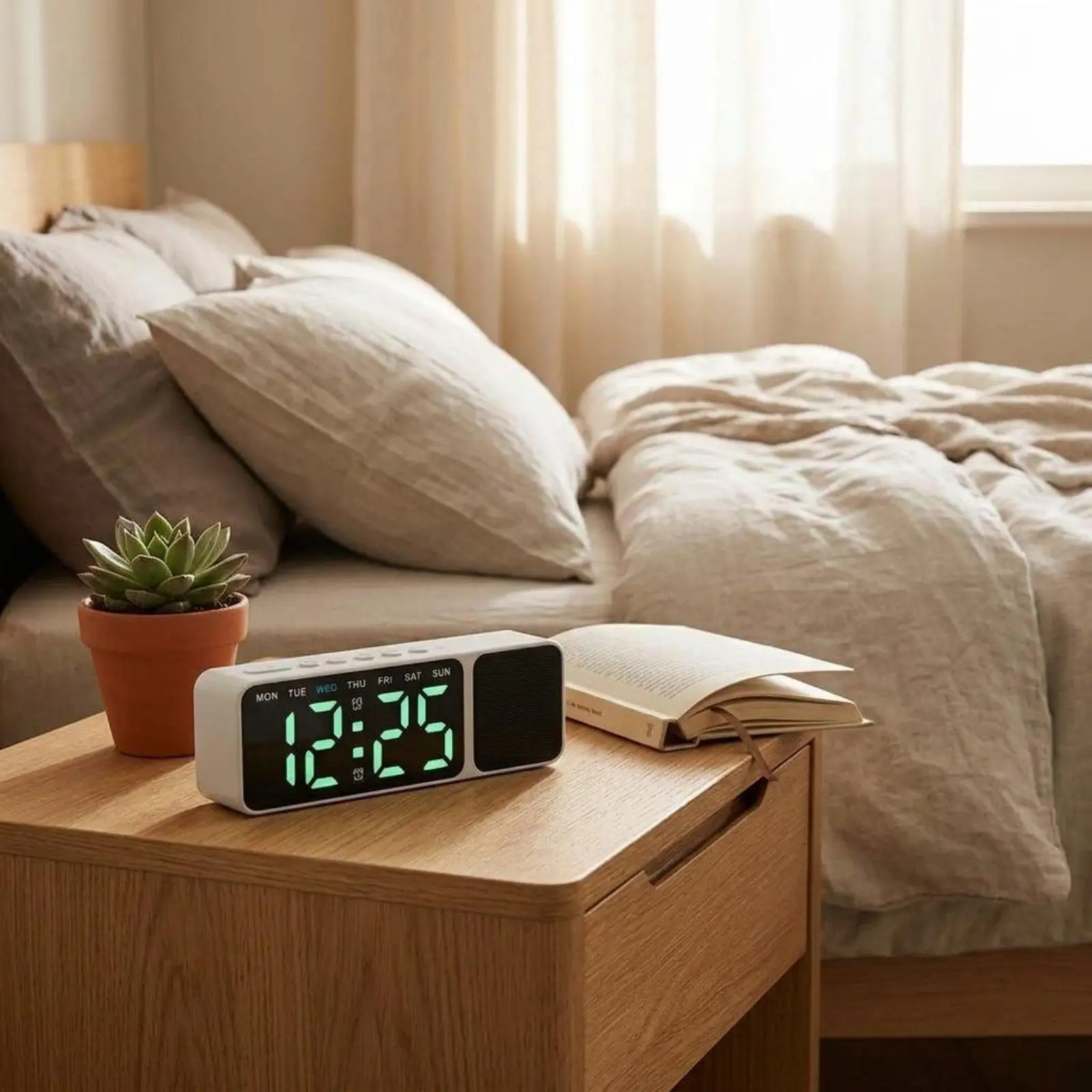 Bluetooth Speaker Digital Timepiece Ambient Light Home Gadget Wood Grain Finish