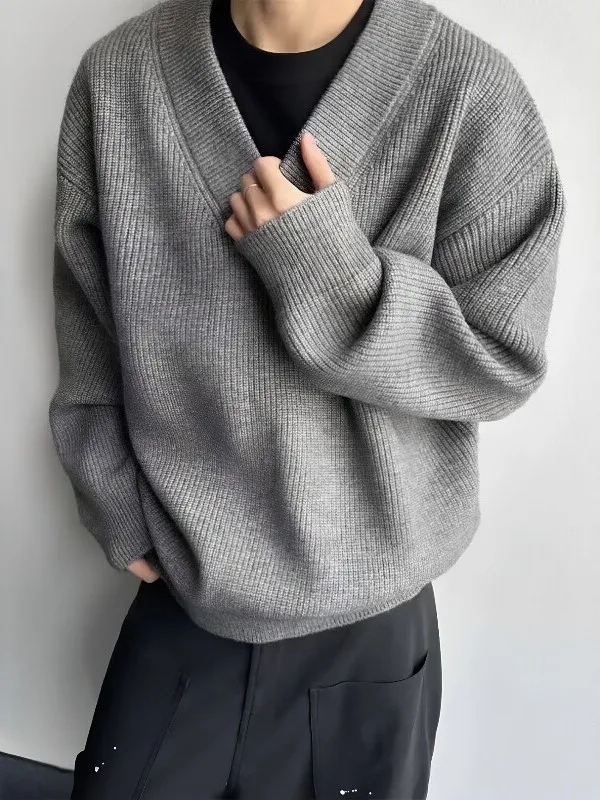 Retro American Grey V-Neck Sweater Men's Winter Trend Lazy Knitted Outerwear Base Layer Shirt Long Sleeve Loose Fit Breathable