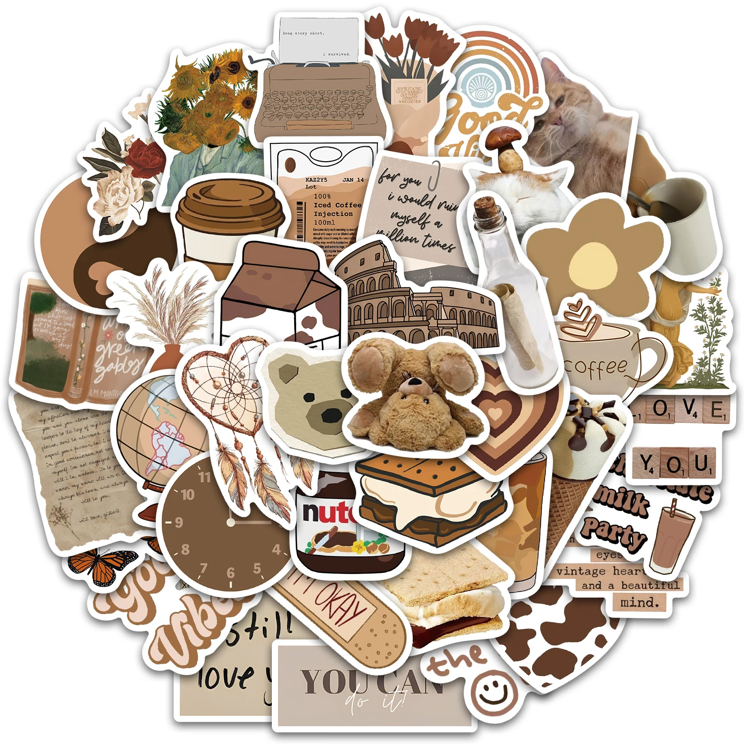 60PCS Brown Aesthetics Stickers DIY Hand Account Phone Case Laptop Water Cup Computer Toy Stickers