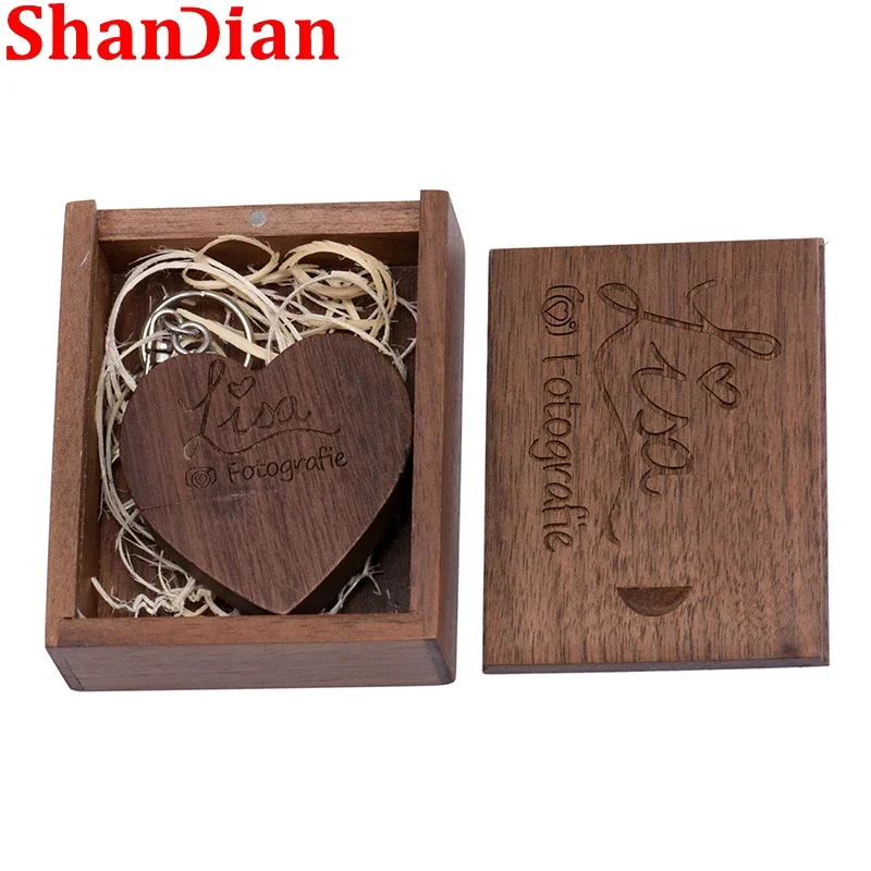 10 قطعة/الوحدة صندوق خشبي و القلب محرك فلاش USB 128 جيجابايت شحن مخصص شعار القلم محرك 64 جيجابايت القدرة الحقيقية الذاكرة عصا 32 جيجابايت هدية الزفاف