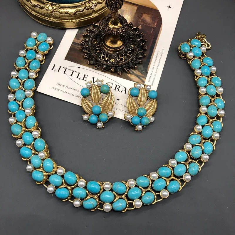 

Ожерелье с бирюзовым жемчугом, серьги для женщин, дворцовый стиль, винтажный комплект ювелирных изделий с гиперболой, модный роскошный элегантный Pendientes Mujer