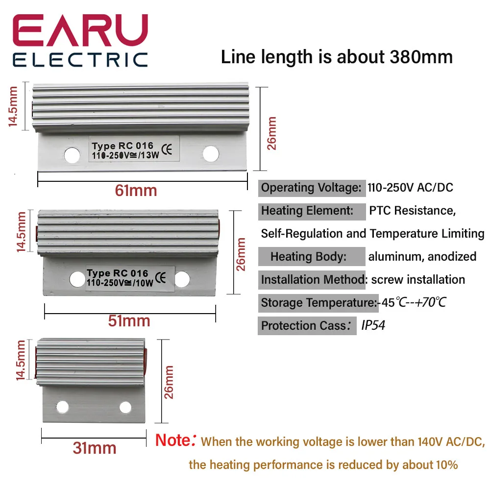 RC016 110-250V AC/DC Semiconductor Small PTC Heater 8W 10W 13W Dehumidification Low Power Power Component Box Heating Rod