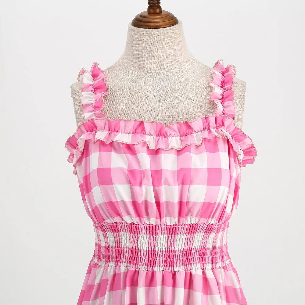 Castone Cosplay gioco di ruolo rosa Plaid pizzo gonna grande orlo vestito film Barbei Costume travestimento donne adulte vestito operato panno del partito