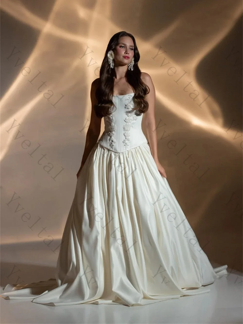 Customized Elegant White Strapless Sleeveless Satin A Line Wedding Dresses Lace Up Back Enchanting Floor-length Bridal Gown