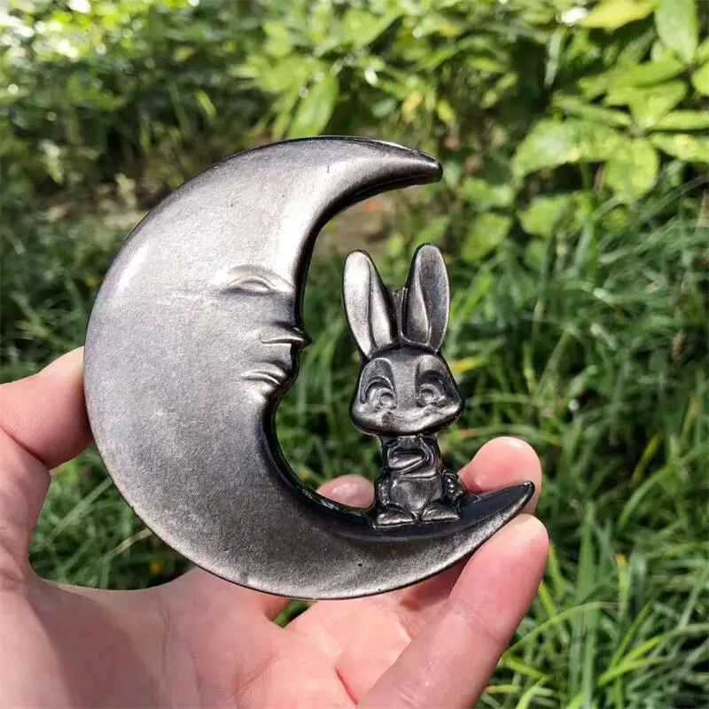 Natural Silver Obsidian Rabbit With Moon Carving Figurine Ornament Healing Craft Home Decor Stone Holiday Gift 1PCS
