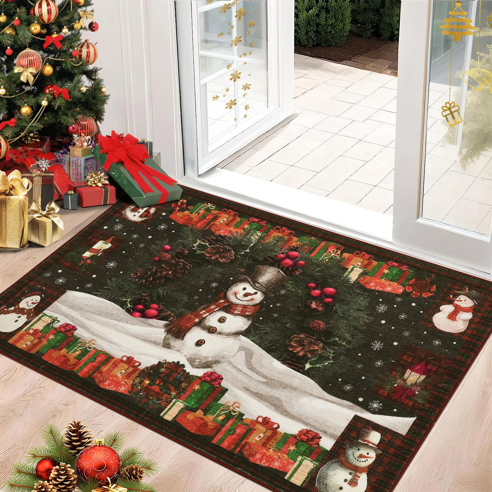 Christmas Snowman Area Rug - Non-Slip Low Pile Thin Accent Carpet Mat for Holiday Home Decor - Red & Green - 2x3 ft (61x91 cm)