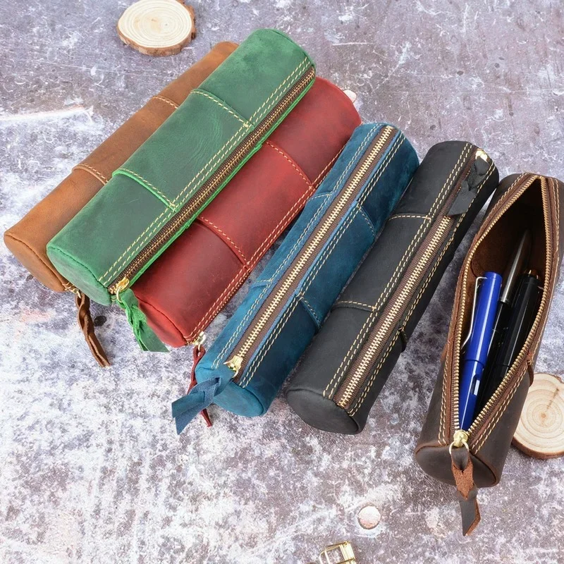 100% Genuine Leather Zipper Pen Pencil Bag Handmade Vintage Retro Style Creative Trinodal Model School Stationary Product