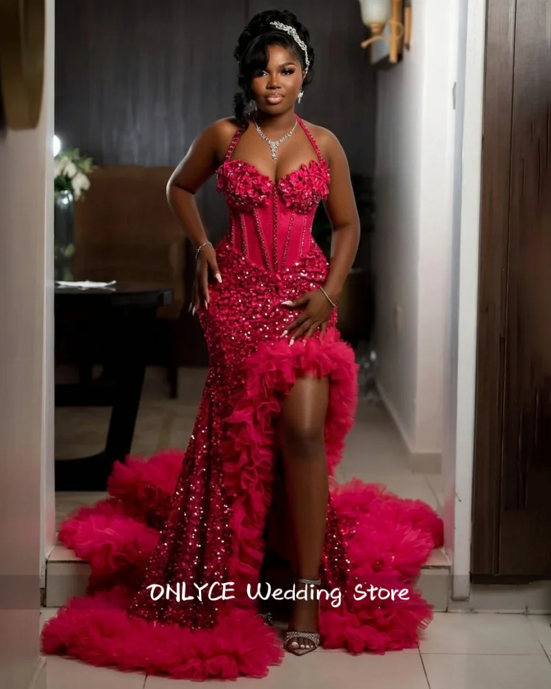 Glitter Red Prom Dreses 2026 Black Girls Beaded Halter Ruffles Crystals Sequins Evening Gown Birthday Party Dress Customized