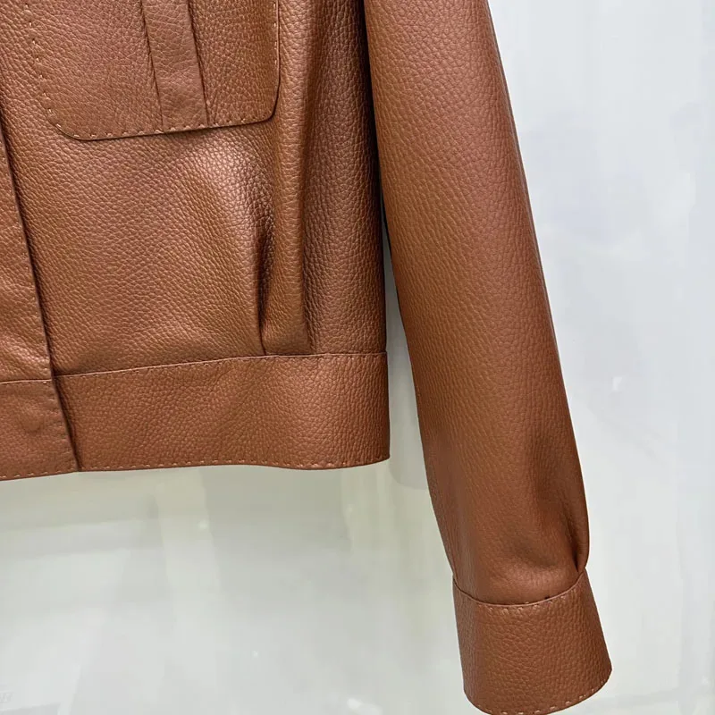 Genuine Leather Jacket Lychee-Patterned Sheepskin Soft Short Length Big Pockets Women Coat Spring Autumn