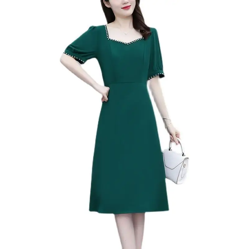 Elegant Solid Color Beading Midi Dress Women's Clothing 2023 Summer New Oversized Sweet Ladies Dresses