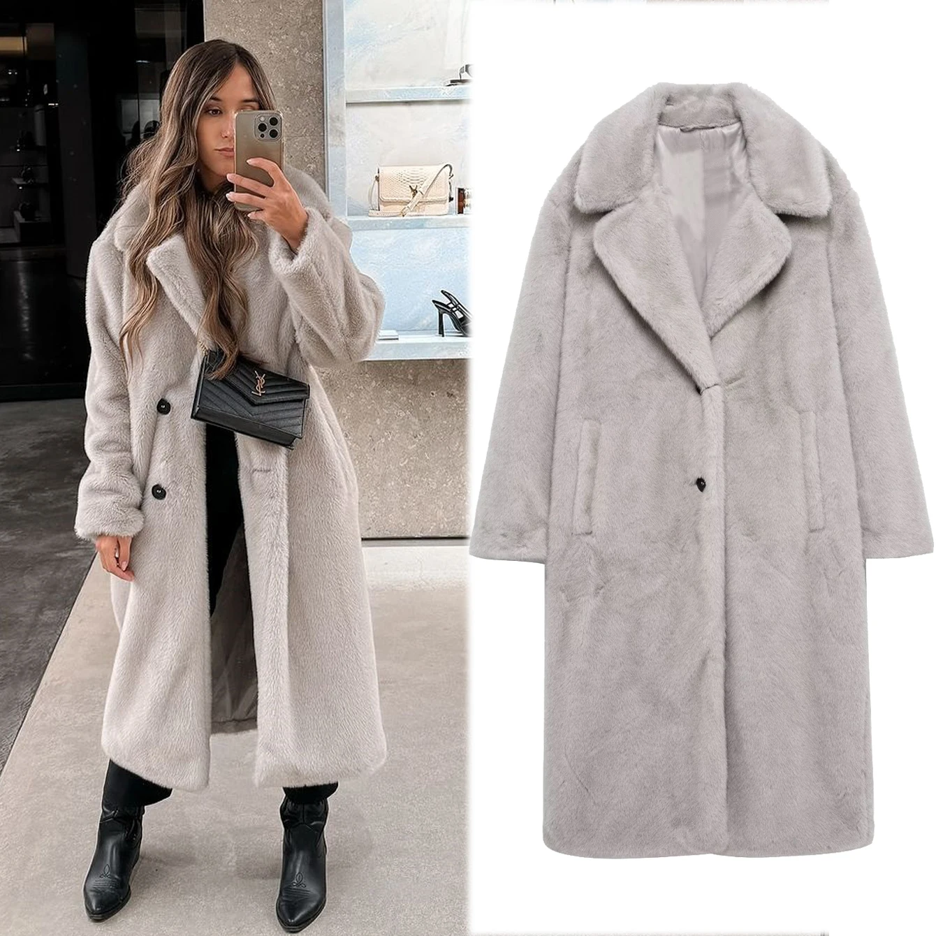 Taop&Za women's 2024 autumn and winter new coat with collar and synthetic fur effect, multi-color commuting temperament long coa