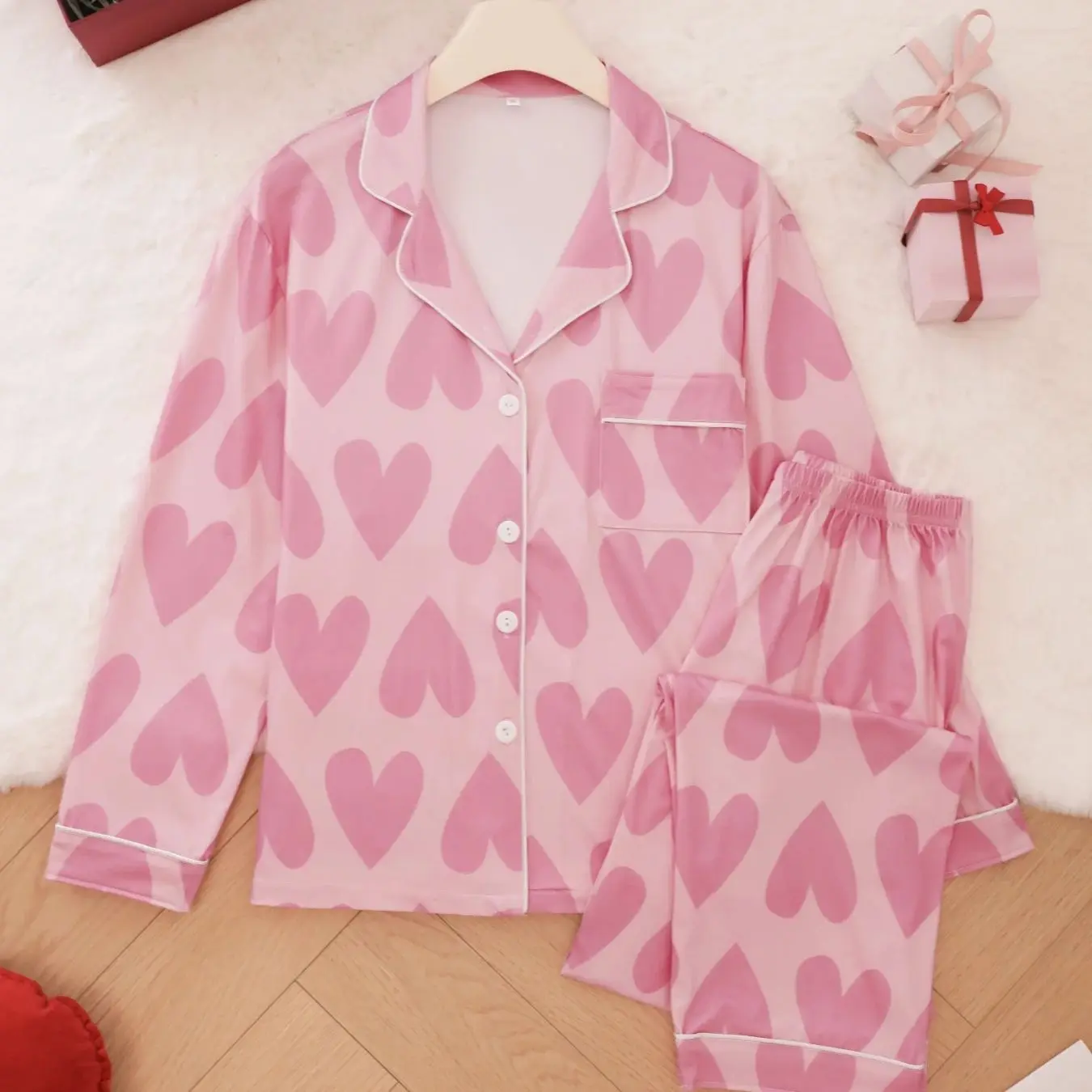 

Нежный пижамный костюм с принтом в виде сердечек, женский, с отложным воротником, длинными рукавами и брюками, домашняя одежда для девушек.