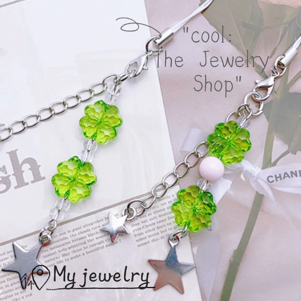 20pcs Acrylic Transparent Crystal Straight Hole cute green Four-Leaf Clover Beads 13mm for Phone Chain Necklace Bracelet