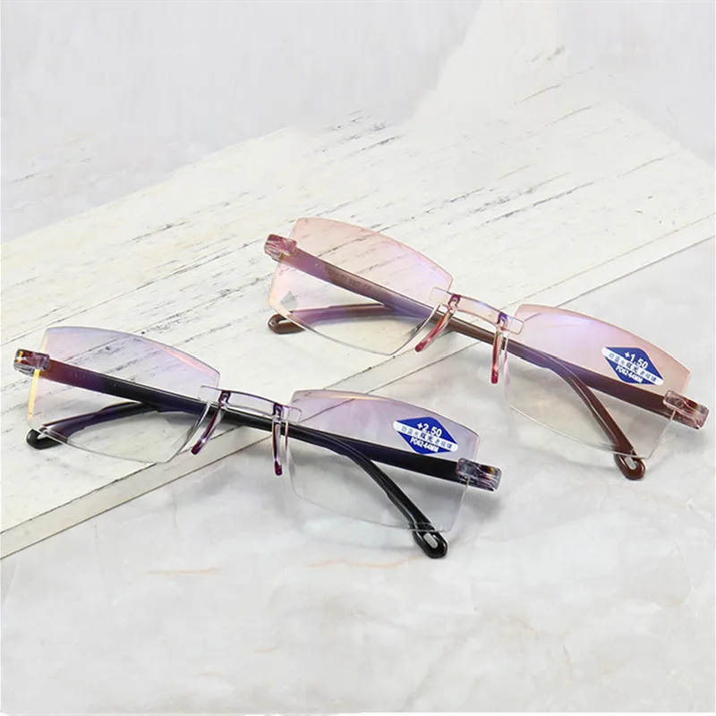 2021 New Reading Glasses Women Dimond Cutting Rimless Eyewear Men Anti Eyewear Reading Glasses Diopter +100--+400