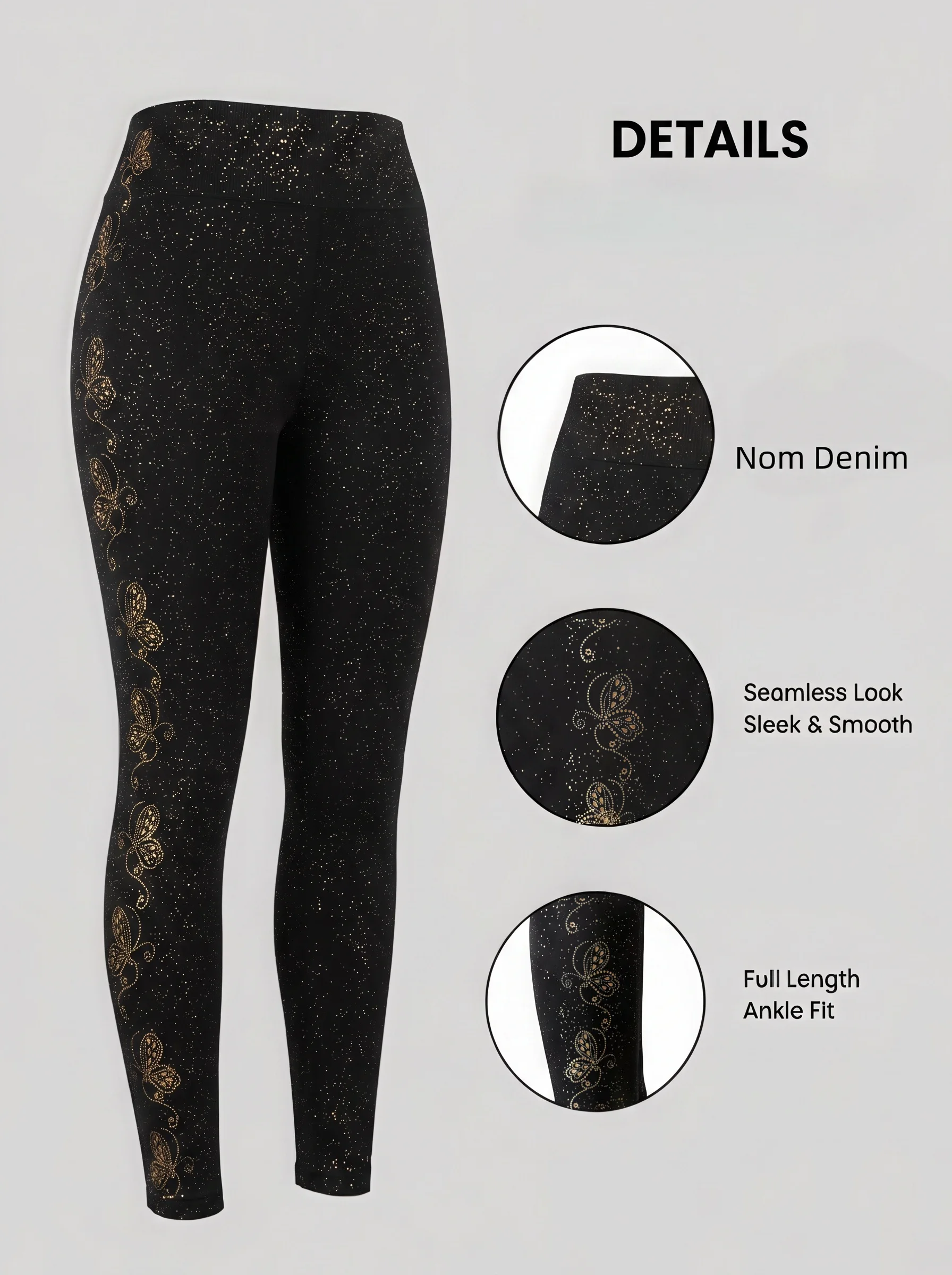 1er-Pack goldene Leggings mit Schmetterlings-Glitzer-Print, hoher Taille, weichem Stretch und modischem Slim-Schnitt für den Alltag – Detail 4