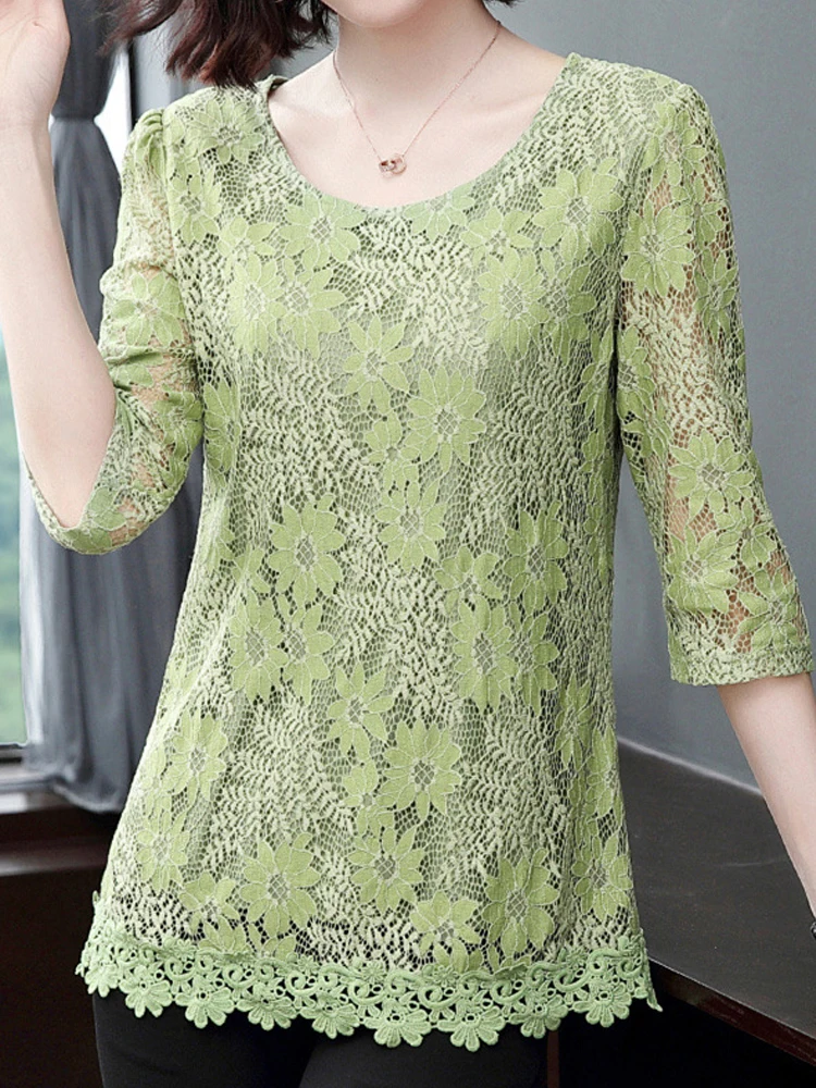 

Half Sleeve Blouse 2025 New Summer Woman Clothing Solid Lace Blusas Para Mujer Top Casual Slim Blouses For Women